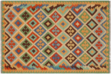 Flat Weave Kilim, Antique, Navaho, Vintage, Handmade, Modern Kilim Beige Green Hand-Woven Rectangle 100% Wool Area Rug 4 x 6